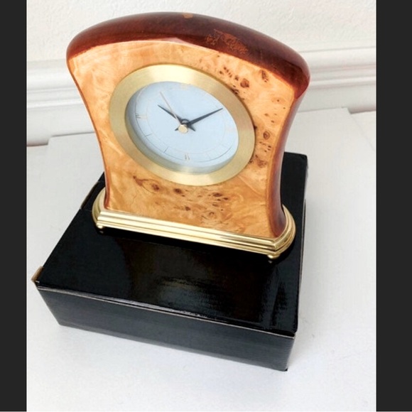 Desktop Clock Burl-Wood And Brass New In Box - Picture 1 of 6